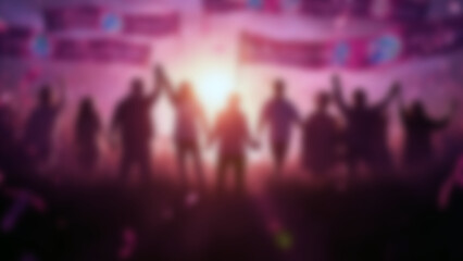 Abstract Blurred Crowd Celebration with Raised Hands and Glowing Light. Generative AI.