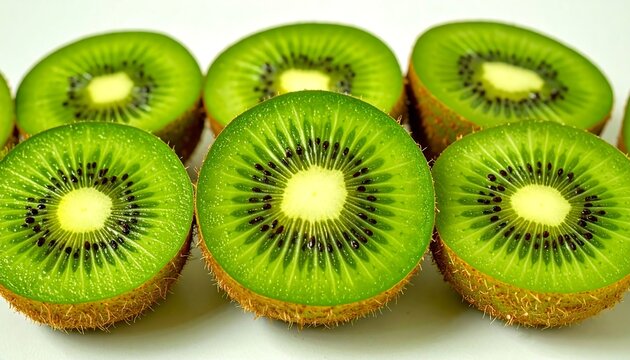 Close-up of halved, vibrant green slices arranged in a row. The cross-sections reveal black seeds and a pale yellow center. The fuzzy outer skin is also visible
