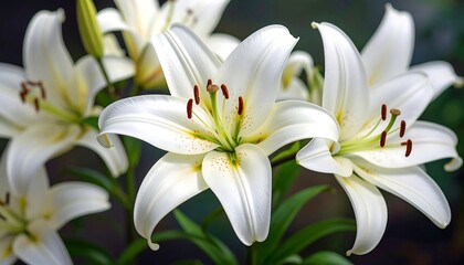 Obraz premium Close-up of beautiful white blossoms with yellow centers and dark stamens. Fresh, delicate petals are in full bloom, creating a soft natural background
