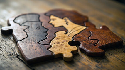 Couple Puzzle Symbolizing Partnership and Love on Rustic Table. Generative AI.