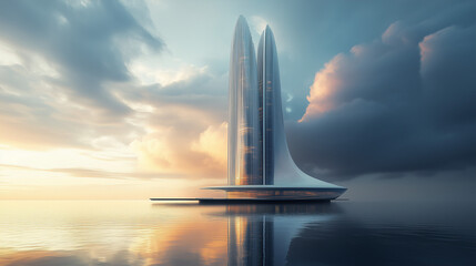 Modern Futuristic Tower Reflecting on Calm Water with Sleek Innovative Architecture 