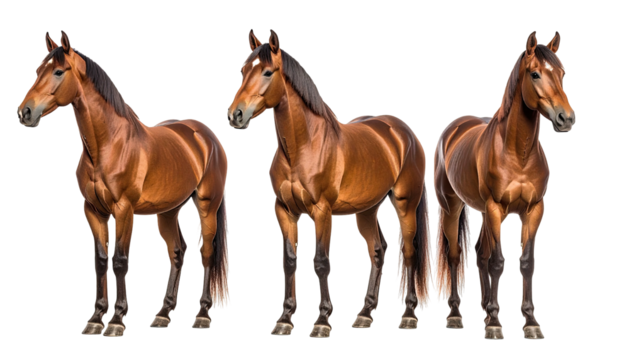 Three brown horses standing against black backdrop