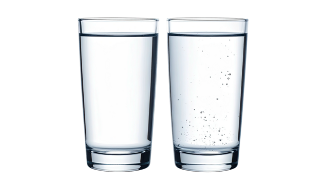 Two glasses hold clear liquid, one with bubbles