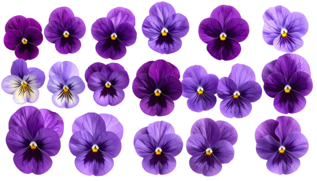 Row of vibrant purple & lavender pansies, yellow centers