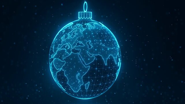 Merry christmas and happy new year 2026. Glowing Blue Hologram Globe Ornament with Grid Design Showcases Continents, Creating Festive Modern