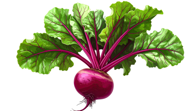 Bright beet with leafy top, vivid colors, against black back
