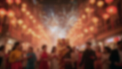 Defocused Festive Chinese New Year Celebration with Red Lanterns and People. Generative AI.
