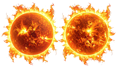 Two fiery orbs, ablaze with turbulent solar flames, bright glows
