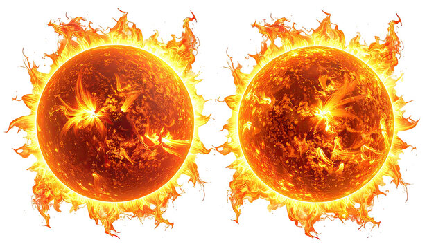 Two fiery orbs, ablaze with turbulent solar flames, bright glows