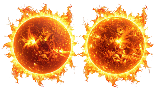 Two fiery orbs, ablaze with turbulent solar flames, bright glows