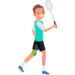 Smiling Young Man With Badminton Racquet Wearing Teal T Shirt Black Shorts And White Socks Walking Outdoors With Transparent Background Studio Lighting