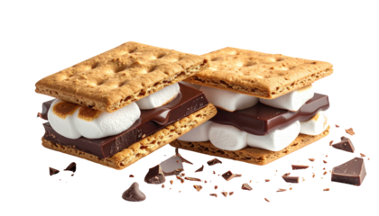Two s'mores with melting chocolate and marshmallow halves