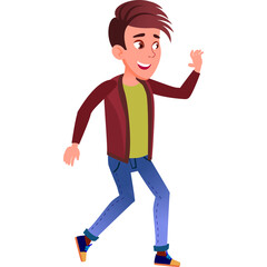 Smiling Young Man With Brown Hair Waving Hello And Walking Wearing A Green T Shirt Dark Red Jacket Blue Jeans And Sneakers Isolated On White Background