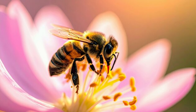 A macro shot captures a fuzzy honeybee with striped abdomen and translucent wings perched on the yellow stamen of a delicate pink flower, its proboscis extended - Powered by Adobe