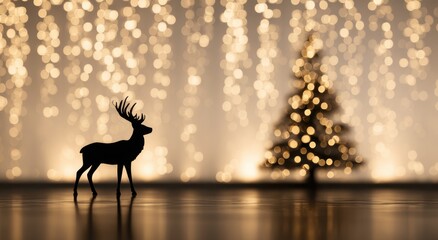 stag silhouette on a white background with a christmas tree and golden light bulbs