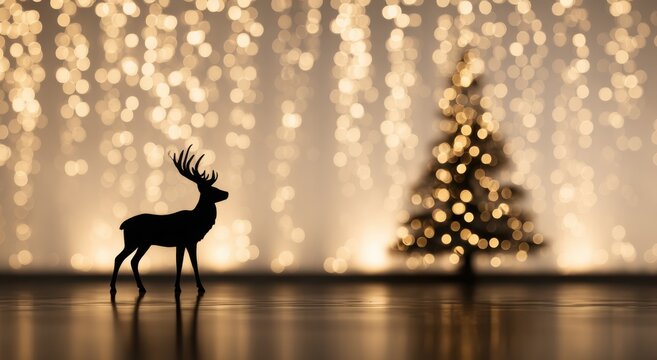 stag silhouette on a white background with a christmas tree and golden light bulbs