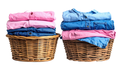 Clothes neatly folded in two wicker baskets, stacked high