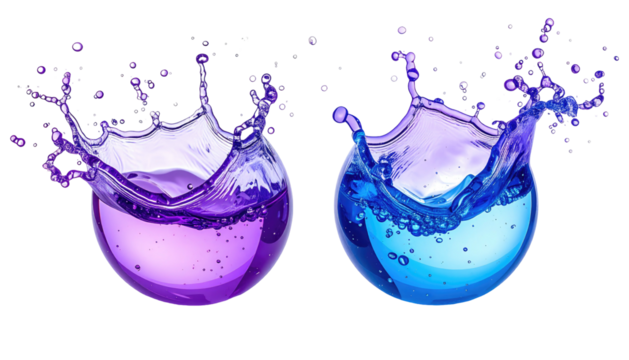 Violet & blue liquids bursting from clear bowls, abstract