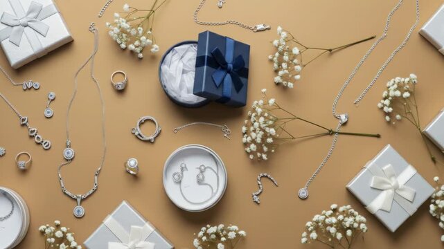 A collection of silver jewelry with gemstones, scattered with baby's breath flowers and gift boxes