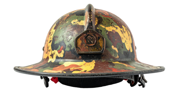Camouflage helmet; mottled browns, greens, yellows