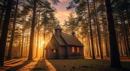 Wooden Church in Forest at Sunset