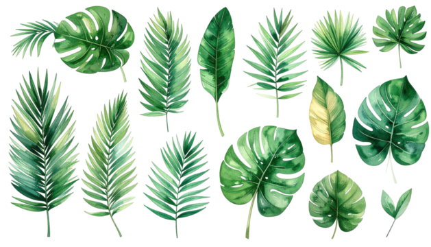 Varied green foliage of tropical leaves, watercolor illustrations