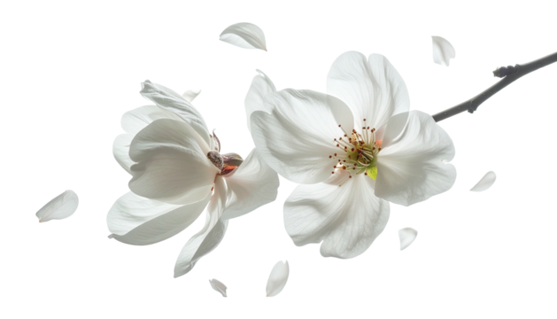 Delicate white blossoms and petals against solid black backdrop