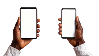 Two dark-skinned hands holding phones, blank screens