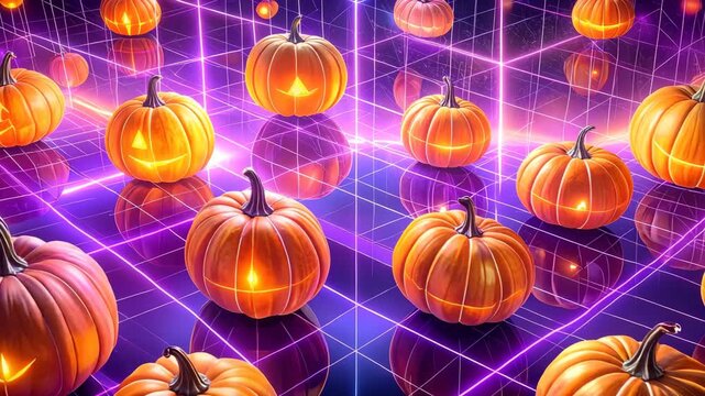 Numerous glowing jack-o'-lanterns and pumpkins on a reflective surface with a neon purple grid, creating a futuristic Halloween scene.