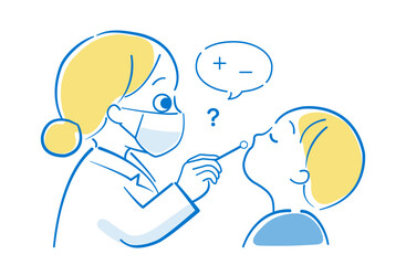 子供にインフルエンザ抗原迅速検査をしている医療従事者のイラスト