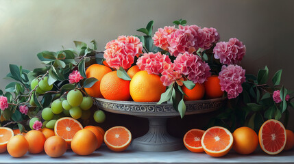 Naklejka premium Photorealistic Still Life of Fresh Fruits and Blooming Flowers with Natural Light 