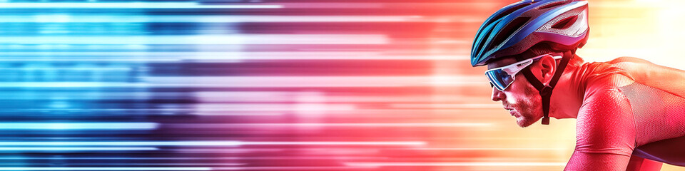 Cyclist wearing a helmet with a visible heartbeat monitor, speeding through a vibrant cityscape, representing fitness and cycling passion