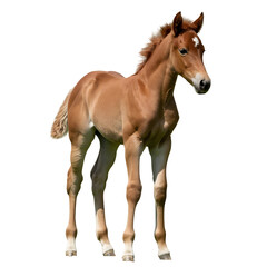 A young brown horse foal standing on a transparent background, isolated on transparent background