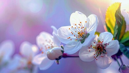 A macro shot of white cherry blossoms with vibrant orange stamens, set against a soft, blurred background of purple and pink hues with a hint of sunlight.