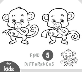 Cute monkey thinking about a problem. Find differences, education black and white game for kids