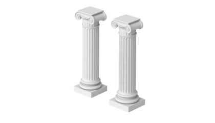 Two ionic white columns stand against a stark black backdrop