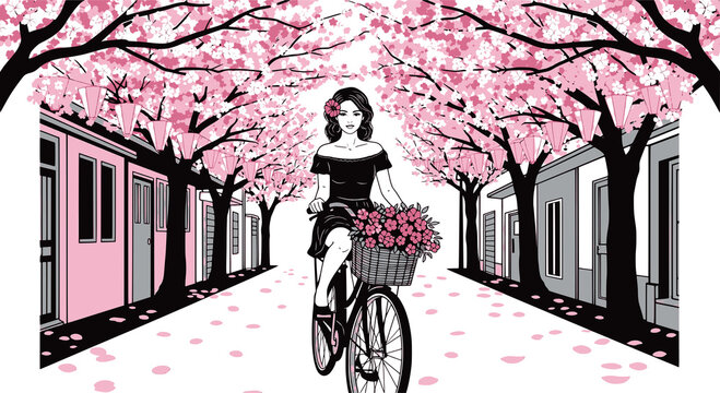 Pop art style vector illustration of a woman on a bicycle under cherry blossom trees. Design for travel agency promos, spring fashion campaigns, or romantic themed websites. Transparent PNG version.