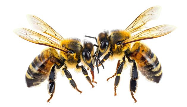 Two facing bees with transparent wings and black background