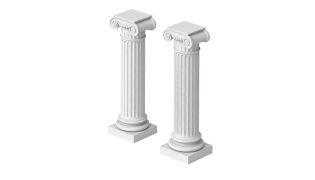 Two ionic white columns stand against a stark black backdrop