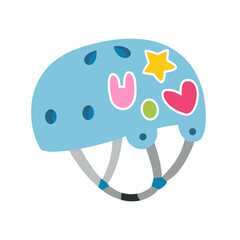 Cute vector flat illustration of blue roller helmet decorated with colorful stickers. Isolated sport object on white background