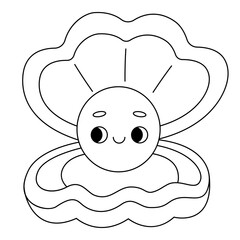 Cute pearl inside an open shell in black and white style. Kawaii outline image for ocean themed coloring books or worksheets for kids.