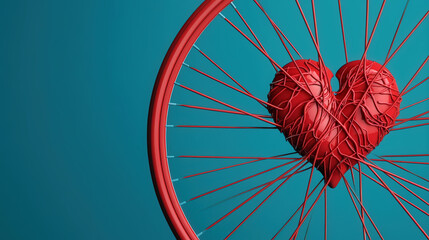 Bicycle wheel with heartbeat patterns inside the spokes, symbolizing the rhythm of cycling and life