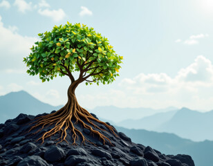 A strong tree growing on rocky ground with deep roots, symbolizing resilience, strength, and growth in challenging environments. Ideal for concepts of nature, sustainability, and perseverance.