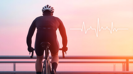 Cyclist riding across a bridge with heartbeat lines in the sky, representing the steady rhythm of fitness and cycling