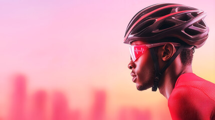 Cyclist wearing a helmet with a visible heartbeat monitor, speeding through a vibrant cityscape, representing fitness and cycling passion