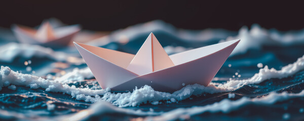 Paper boat floating on water among foamy waves, representing dreams, exploration, and navigating lifes journey with simplicity, creativity, and imagination.