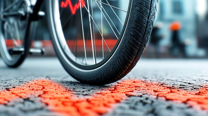 Close-up of a bike tire on the road, heartbeat monitor in the background, symbolizing the health benefits of cycling