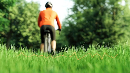 Cyclist racing through a park, heartbeat line in the grass, representing the connection between nature, fitness, and cycling