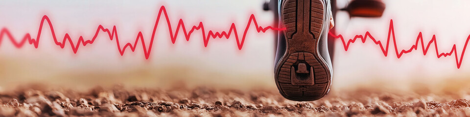 Close-up of a cyclist's foot on a bike pedal, heartbeat line in the background, representing the connection between fitness and cycling