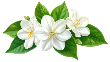 Trio of white jasmine flowers, with green leaves